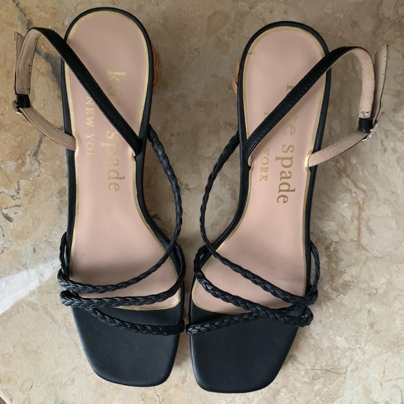 Kate Spade Valencia Sandals Black Size 8 Woven Raffia Ball Heel - Picture 2 of 13